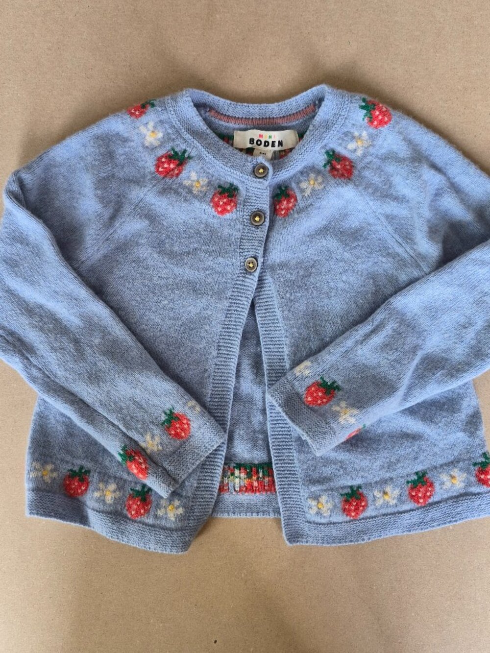 Mini Boden Girls 5-6Y Blue Strawberry Wool Blend Cardigan Sweater Floral Knit